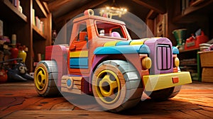 Rideable full size Toy truck made from colorful wooden Art photo