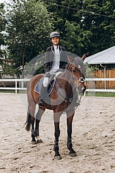 Rider in action on a dressage horse. Lovely girl jockey sitting in the saddle on a horse shooting close-up