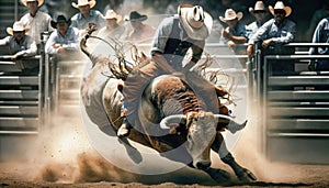 Rider bareback riding a bull at the rodeo