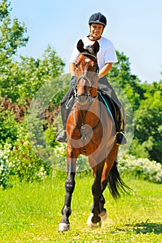 Rider on bay sportive horse photo