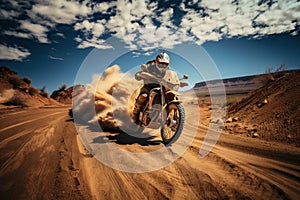 Rider on a cross-country enduro motorcycle go fast at the desert.