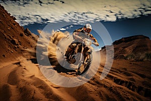 Rider on a cross-country enduro motorcycle go fast at the desert.