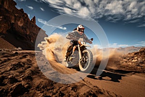 Rider on a cross-country enduro motorcycle go fast at the desert.