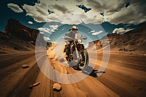 Rider on a cross-country enduro motorcycle go fast at the desert.