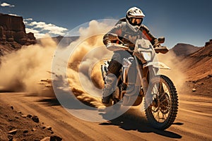 Rider on a cross-country enduro motorcycle go fast at the desert.