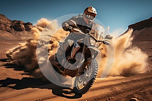 Rider on a cross-country enduro motorcycle go fast at the desert.