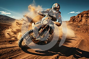 Rider on a cross-country enduro motorcycle go fast at the desert.