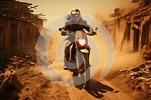 Rider on a cross-country enduro motorcycle go fast at the desert.