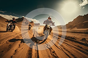 Rider on a cross-country enduro motorcycle go fast at the desert.