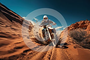 Rider on a cross-country enduro motorcycle go fast at the desert.