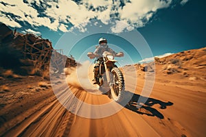 Rider on a cross-country enduro motorcycle go fast at the desert.