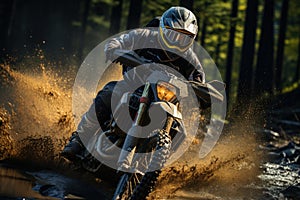 Rider on a cross-country enduro motorcycle go fast in wet forest.