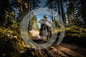 Rider on a cross-country enduro motorcycle go fast in wet forest.