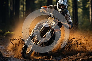 Rider on a cross-country enduro motorcycle go fast in wet forest.