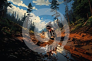 Rider on a cross-country enduro motorcycle go fast in wet forest.