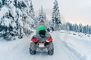 Rider driving in the quad bike race in winter in beautiful snowy road with fir trees in frozen mountains forest. Winter holiday