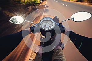 Rider driving scooter on an asphalt road. Motion blurred backgro