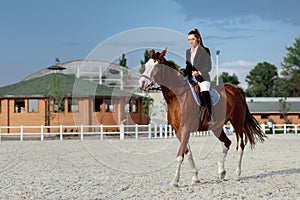 Rider elegant woman riding her horse outside