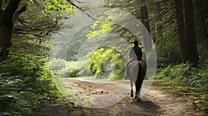 A rider enjoys a serene trail ride amidst lush, forested surroundings