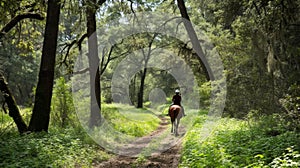A rider enjoys a serene trail ride amidst lush, forested surroundings
