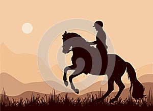 A rider gallops in a field, a dark silhouette against the sky,