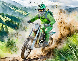 A rider in green gear is on a dirt bike, kicking up dust on a trail, showcasing speed and skill