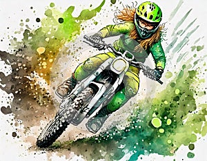 A rider in green gear is on a dirt bike, kicking up dust on a trail, showcasing speed and skill