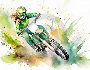 A rider in green gear is on a dirt bike, kicking up dust on a trail, showcasing speed and skill