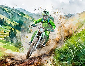 A rider in green gear is on a dirt bike, kicking up dust on a trail, showcasing speed and skill