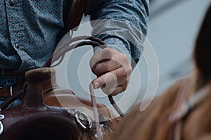 Rider holds onto reins of his horse photo