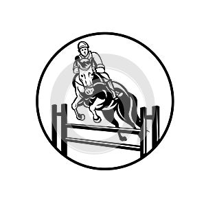 Rider on Horse Show Jumping Stadium Jumping or Open Jumping Retro Black and White