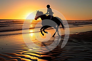 rider on horseback racing along the beach at sunrise