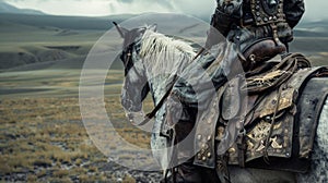 A rider on horseback traverses a desolate landscape his leather saddle adorned with silver and gold sigils. At his side photo