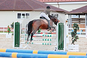 Rider jump to clear the green obstacle. Equestrian Sports, Show Jumping. Chestnut horse on course