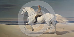 Rider on magnificent white horse in full gallop on seaside with grass and dunes, generative AI