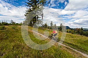 Rider on Mountain Bike riding in woods and mountains