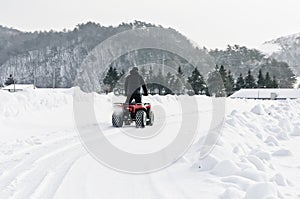 Rider during the test of snowmobiles trail