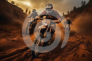 Riders on dirt bikes speeding through an exhilarating dirt track