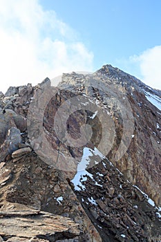 Ridge of rock towards mountain summit Hasenöhrl in the Ortler Alps, South Tyrol, Italy