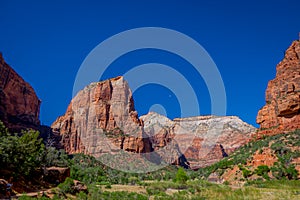 Ridge walk in beautiful scenery in Zion National Park along the Angel`s Landing trail, Hiking in Zion Canyon, Utah