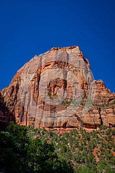 Ridge walk in beautiful scenery in Zion National Park along the Angel`s Landing trail, Hiking in Zion Canyon, Utah