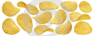 Ridged potato chips isolated on white background