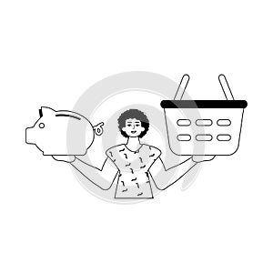 The ridicule is holding a piggy bank and a denounce handcart . sum dark and flannel linear style. Trendy style, Vector photo