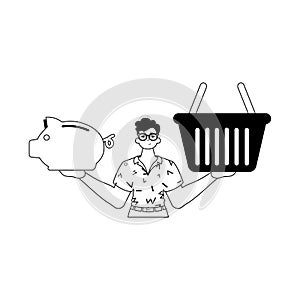 The ridicule is holding a piggy bank and a denounce handcart . total dark and flannel linear style. Trendy style, Vector photo