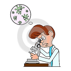 Ridiculous caricature the biologist looks in a microscope.