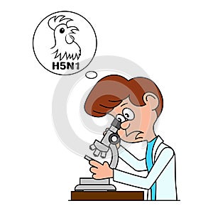 Ridiculous caricature the biologist looks in a microscope.