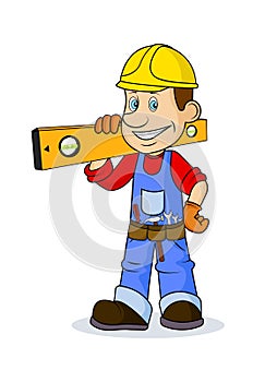 Ridiculous caricature the cheerful worker with the tool in hands