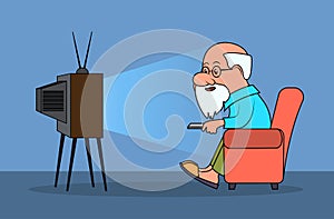 Ridiculous caricature, the elderly man watches TV.