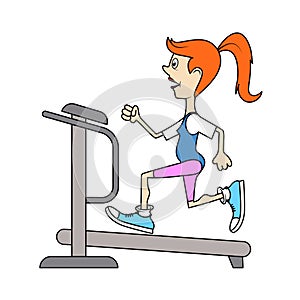 Ridiculous caricature, the girl on a racetrack occupation in fitness club, a vector illustration.