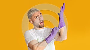 Ridiculous guy put rubber gloves, free space